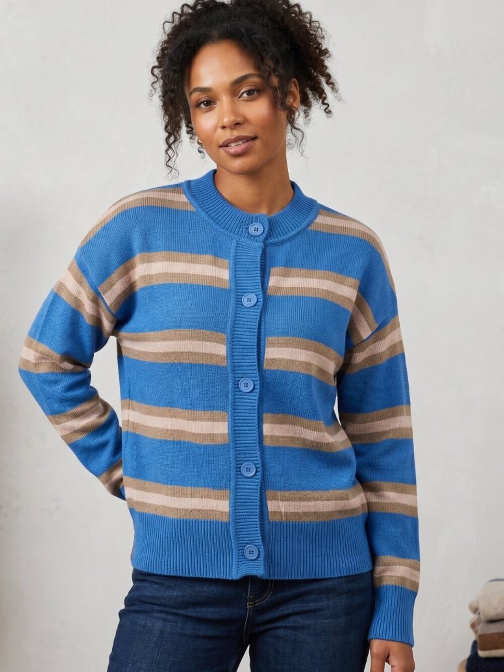 NWOT | Blue Tan Striped Button Up Cardigan Sweater Collarless Crewneck | Medium